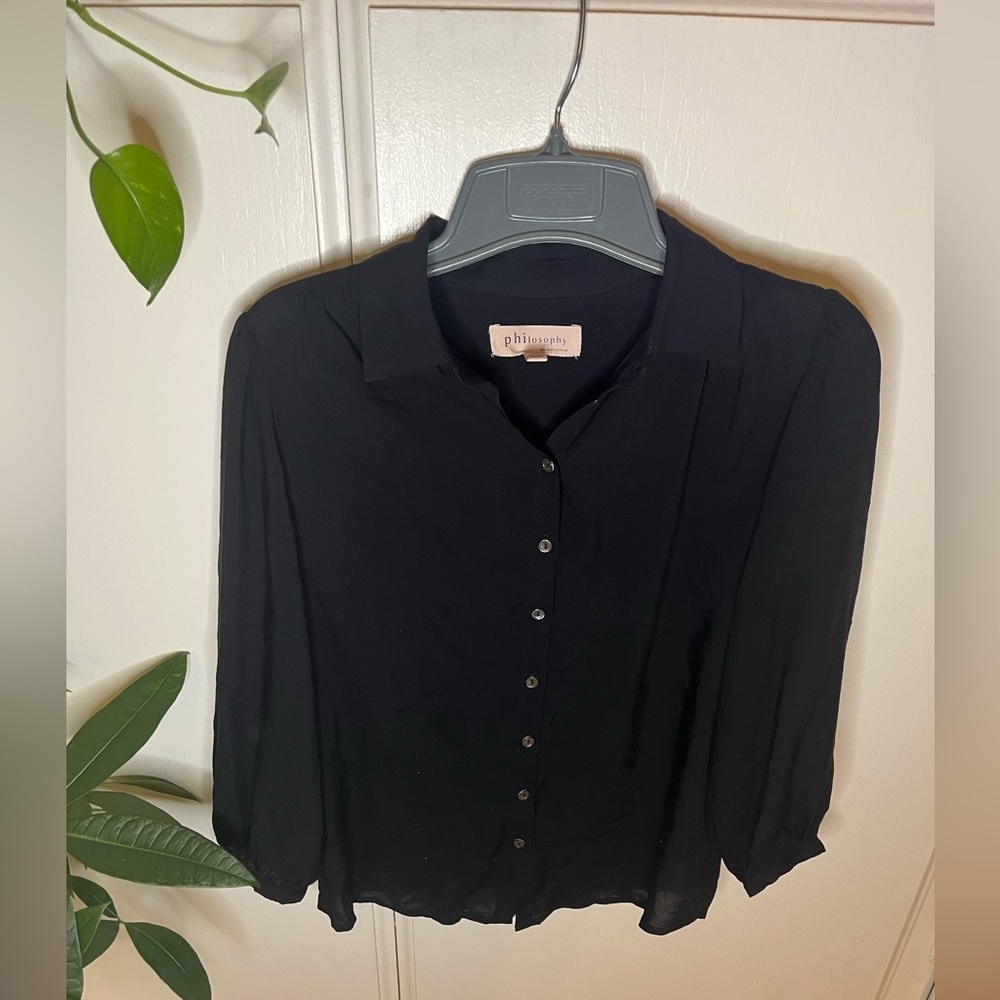 Philosophy Women’s Size XS Black Sheer Long Sleeve Button Down Blouse - Picture 3 of 7